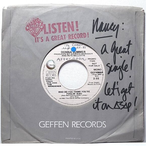 Donna Summer Promo 45 Who Do You Think You're Foolin' on Geffen VG+ Disco - Picture 2 of 2